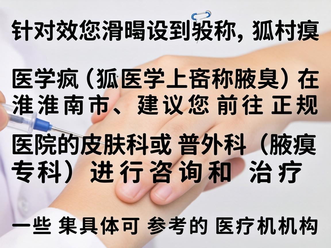 针对您提到的狐臭（医学上称腋臭）在淮南市，建议您前往正规医院的皮肤科或普外科（腋臭专科）进行咨询和治疗。以下是一些具体可参考的医疗机构