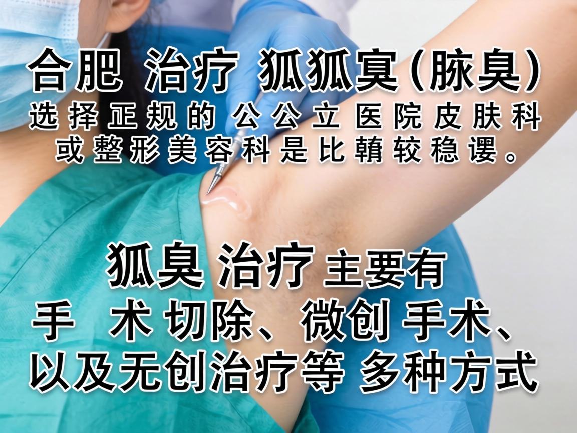 在合肥治疗狐臭（腋臭）选择正规的公立医院皮肤科或整形美容科是比较稳妥的。狐臭治疗主要有手术切除、微创手术、以及无创治疗等多种方式