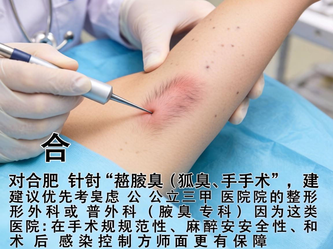 在合肥，针对狐臭（腋臭）手术，建议优先考虑公立三甲医院的整形外科或普外科（腋臭专科）因为这类医院在手术规范性、麻醉安全性和术后感染控制方面更有保障