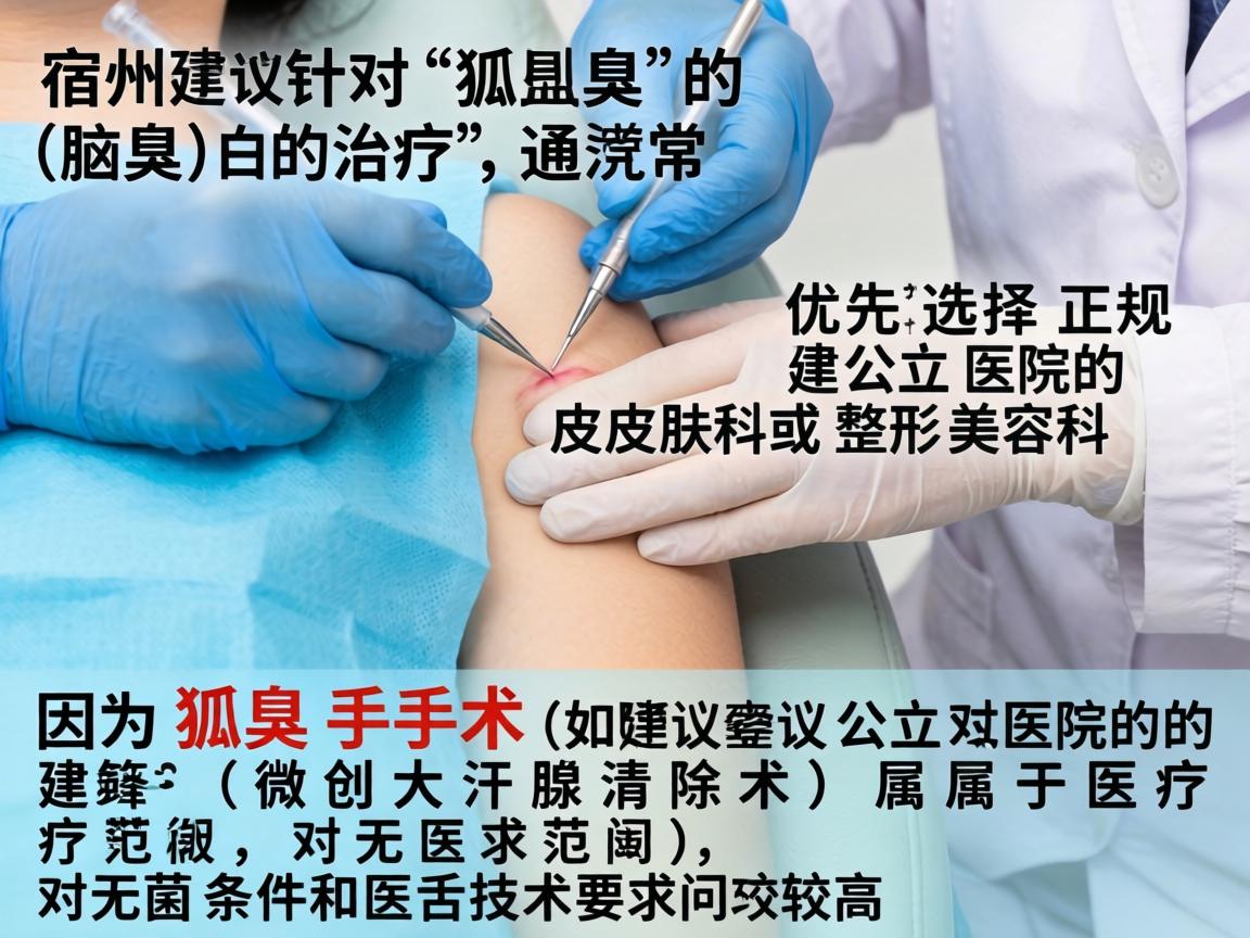 在宿州，针对狐臭（腋臭）的治疗，通常建议优先选择正规公立医院的皮肤科或整形美容科。因为狐臭手术（如微创大汗腺清除术）属于医疗范畴，对无菌条件和医生技术要求较高