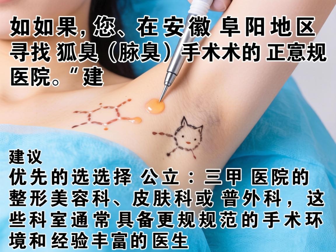 如果您在安徽阜阳地区寻找狐臭（腋臭）手术的正规医院，建议优先选择公立三甲医院的整形美容科、皮肤科或普外科，这些科室通常具备更规范的手术环境和经验丰富的医生