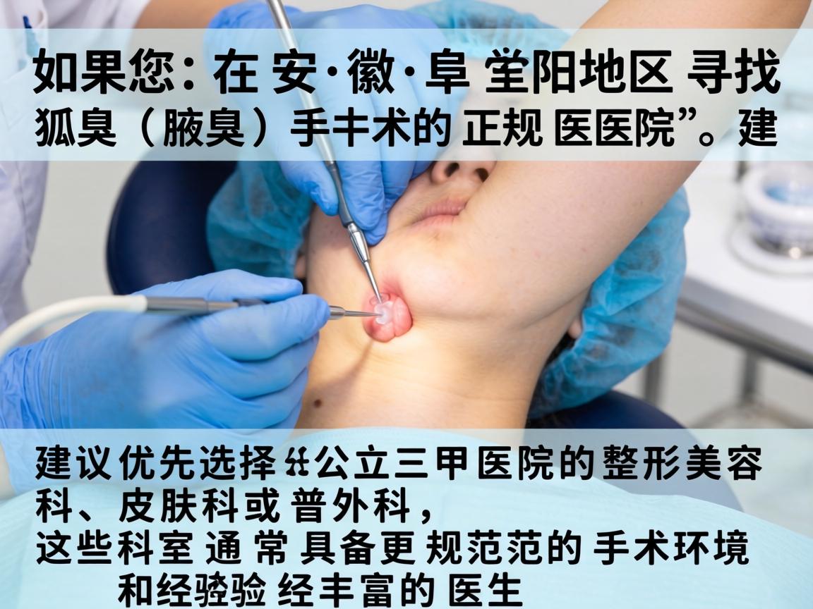 如果您在安徽阜阳地区寻找狐臭（腋臭）手术的正规医院，建议优先选择公立三甲医院的整形美容科、皮肤科或普外科，这些科室通常具备更规范的手术环境和经验丰富的医生