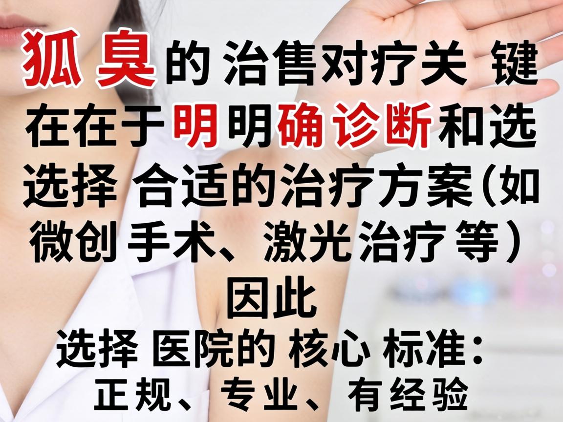 狐臭的治疗关键在于明确诊断和选择合适的治疗方案(如微创手术、激光治疗等)因此选择医院的核心标准是正规、专业、有经验 狐臭的治疗关键在于明确诊断和选择合适的治疗方案(如微创手术、激光治疗等)因此选择医院的核心标准是正规、专业、有经验