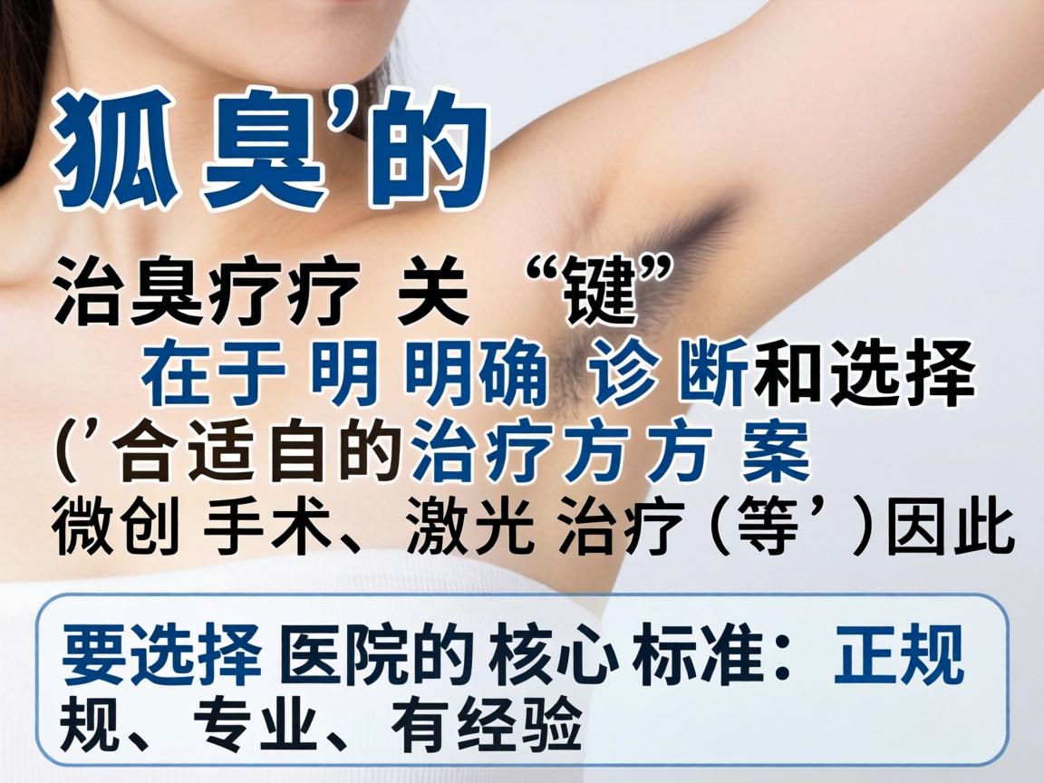 狐臭的治疗关键在于明确诊断和选择合适的治疗方案(如微创手术、激光治疗等)因此选择医院的核心标准是正规、专业、有经验 狐臭的治疗关键在于明确诊断和选择合适的治疗方案(如微创手术、激光治疗等)因此选择医院的核心标准是正规、专业、有经验