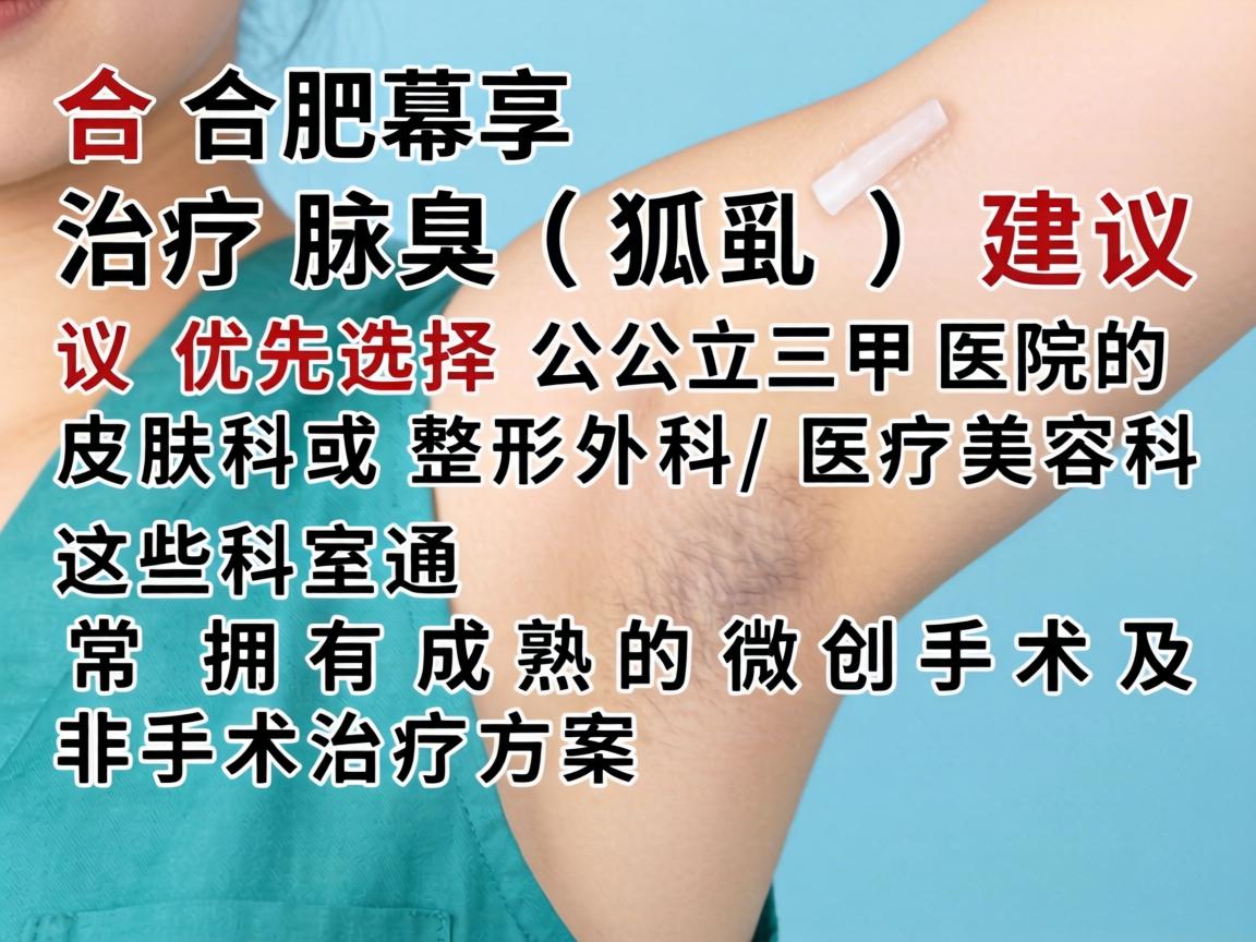 在合肥，治疗腋臭（狐臭）建议优先选择公立三甲医院的皮肤科或整形外科/医疗美容科。这些科室通常拥有成熟的微创手术及非手术治疗方案