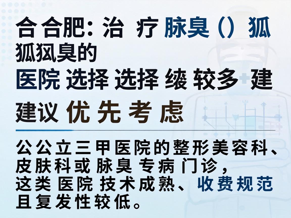 在合肥，治疗腋臭（狐臭）的医院选择较多，建议优先考虑公立三甲医院的整形美容科、皮肤科或腋臭专病门诊，这类医院技术成熟、收费规范且复发性较低
