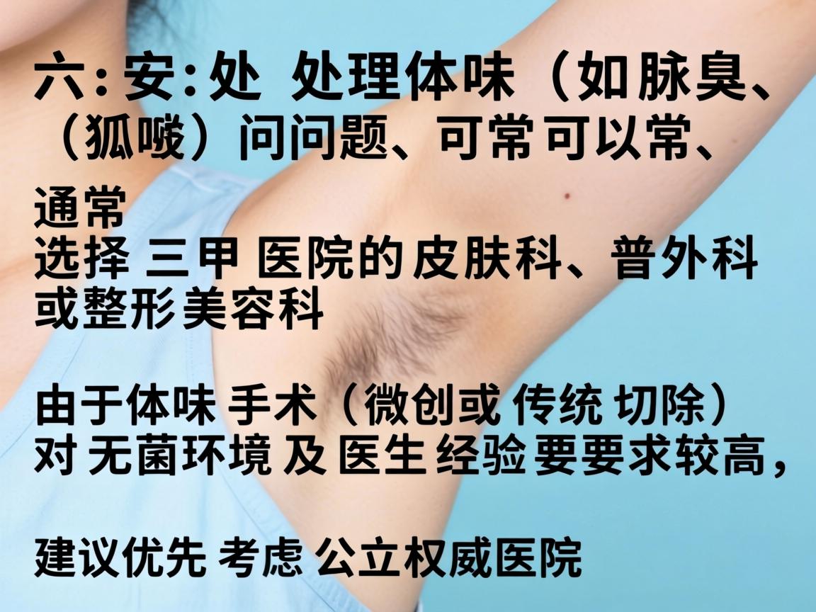 在六安，处理体味（如腋臭、狐臭）问题，通常可以选择三甲医院的皮肤科、普外科或整形美容科。由于体味手术（微创或传统切除）对无菌环境及医生经验要求较高，建议优先考虑公立权威医院