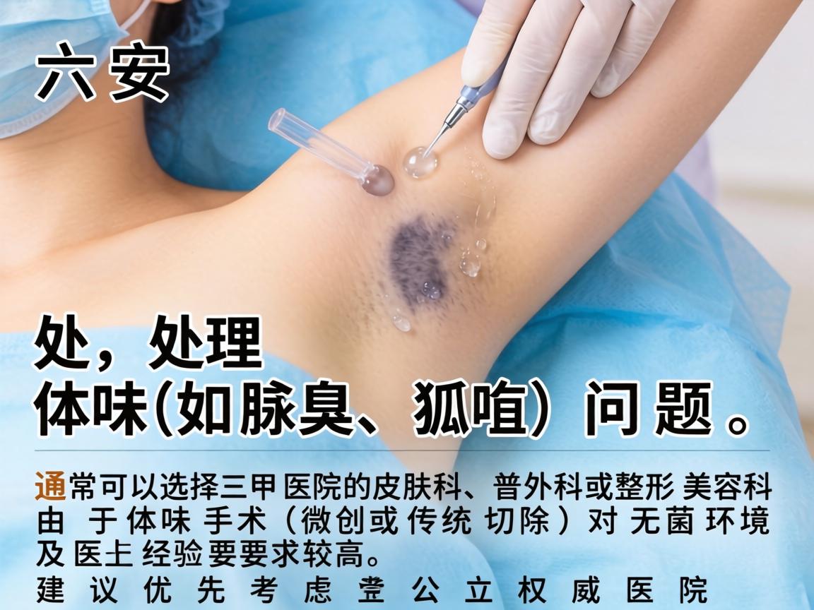 在六安，处理体味（如腋臭、狐臭）问题，通常可以选择三甲医院的皮肤科、普外科或整形美容科。由于体味手术（微创或传统切除）对无菌环境及医生经验要求较高，建议优先考虑公立权威医院