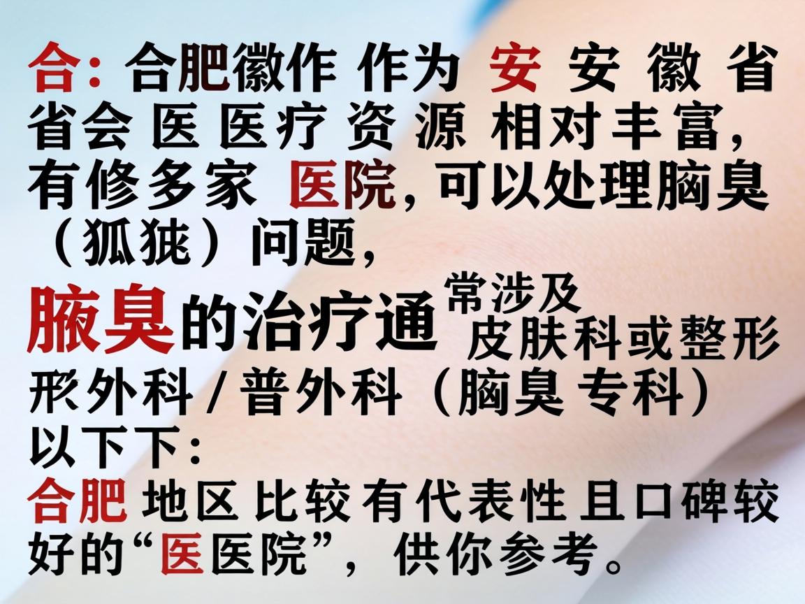合肥作为安徽省省会，医疗资源相对丰富，有多家医院可以处理腋臭（狐臭）问题。腋臭的治疗通常涉及皮肤科或整形外科/普外科（腋臭专科）以下是合肥地区比较有代表性且口碑较好的医院，供你参考