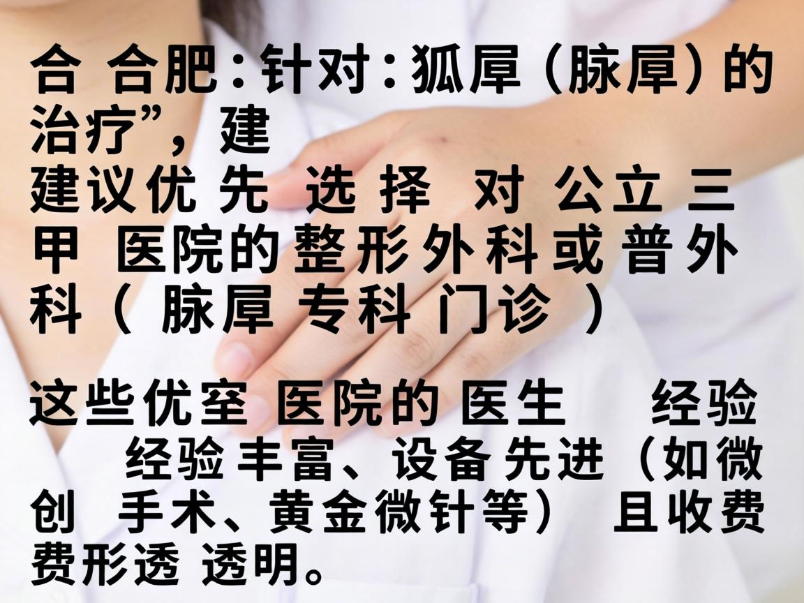 在合肥，针对狐臭（腋臭）的治疗，建议优先选择公立三甲医院的整形外科或普外科（腋臭专科门诊）这些医院的医生经验丰富、设备先进（如微创手术、黄金微针等）且收费透明
