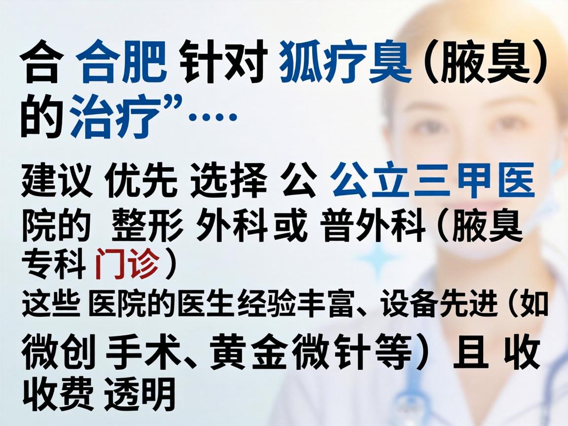 在合肥，针对狐臭（腋臭）的治疗，建议优先选择公立三甲医院的整形外科或普外科（腋臭专科门诊）这些医院的医生经验丰富、设备先进（如微创手术、黄金微针等）且收费透明