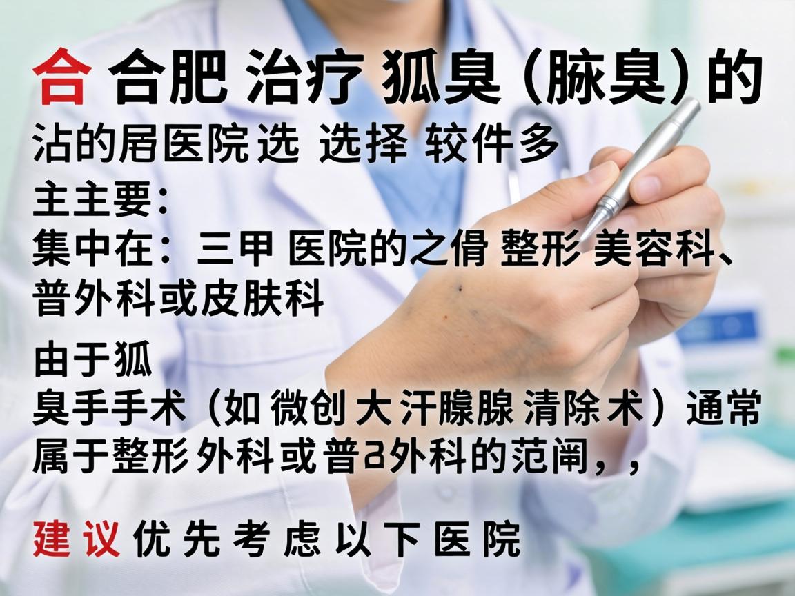 在合肥，治疗狐臭（腋臭）的医院选择较多，主要集中在三甲医院的整形美容科、普外科或皮肤科。由于狐臭手术（如微创大汗腺清除术）通常属于整形外科或普外科的范畴，建议优先考虑以下医院