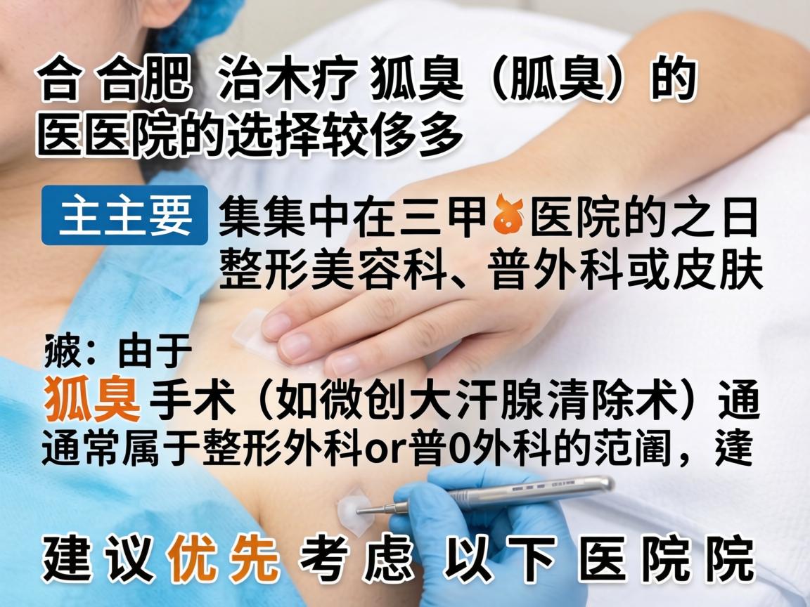 在合肥，治疗狐臭（腋臭）的医院选择较多，主要集中在三甲医院的整形美容科、普外科或皮肤科。由于狐臭手术（如微创大汗腺清除术）通常属于整形外科或普外科的范畴，建议优先考虑以下医院