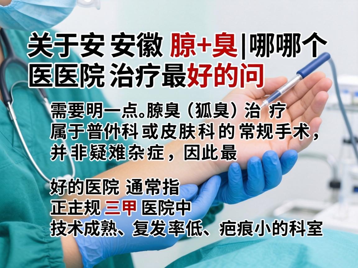 关于安徽腋臭哪个医院治疗最好的问题，需要明确一点，腋臭（狐臭）治疗属于普外科或皮肤科的常规手术，并非疑难杂症，因此最好的医院通常是指正规三甲医院中技术成熟、复发率低、疤痕小的科室