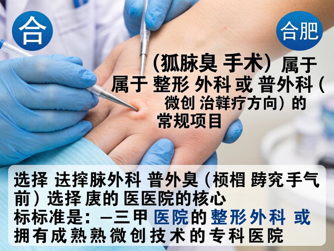 在合肥，腋臭手术（狐臭手术）属于整形外科或普外科（腋臭微创治疗方向）的常规项目。选择医院的核心标准是，三甲医院的整形外科 或 拥有成熟微创技术的专科医院