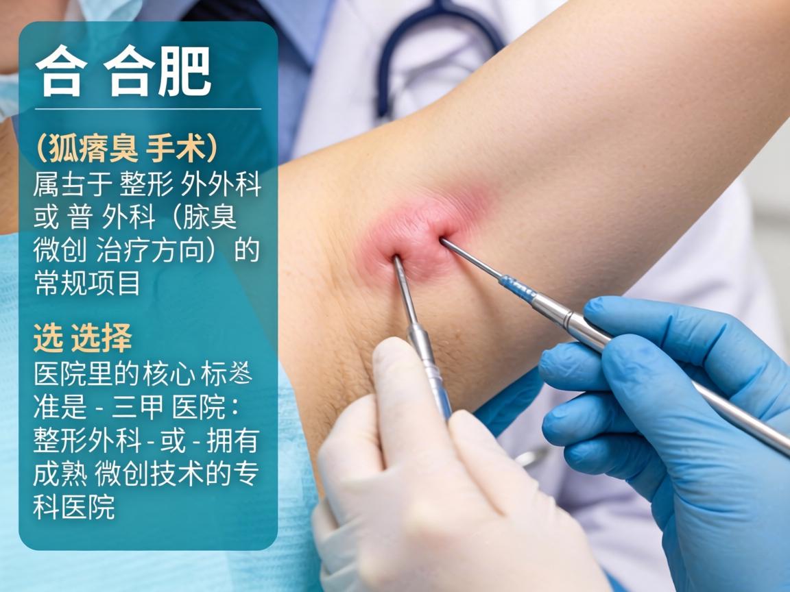 在合肥，腋臭手术（狐臭手术）属于整形外科或普外科（腋臭微创治疗方向）的常规项目。选择医院的核心标准是，三甲医院的整形外科 或 拥有成熟微创技术的专科医院