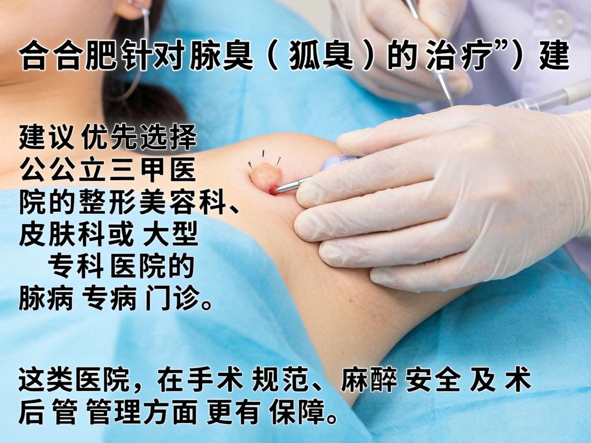 在合肥，针对腋臭（狐臭）的治疗，建议优先选择公立三甲医院的整形美容科、皮肤科或大型专科医院的腋臭专病门诊。这类医院在手术规范、麻醉安全及术后管理方面更有保障