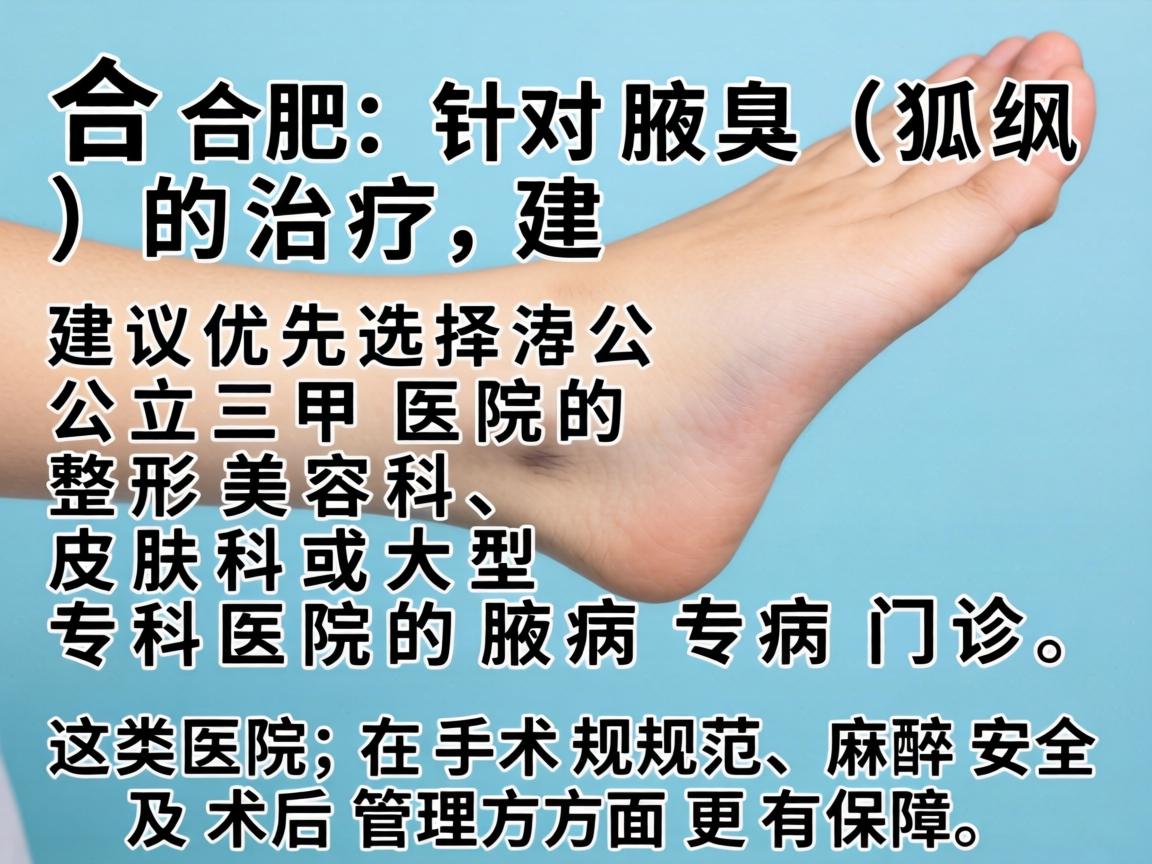 在合肥，针对腋臭（狐臭）的治疗，建议优先选择公立三甲医院的整形美容科、皮肤科或大型专科医院的腋臭专病门诊。这类医院在手术规范、麻醉安全及术后管理方面更有保障