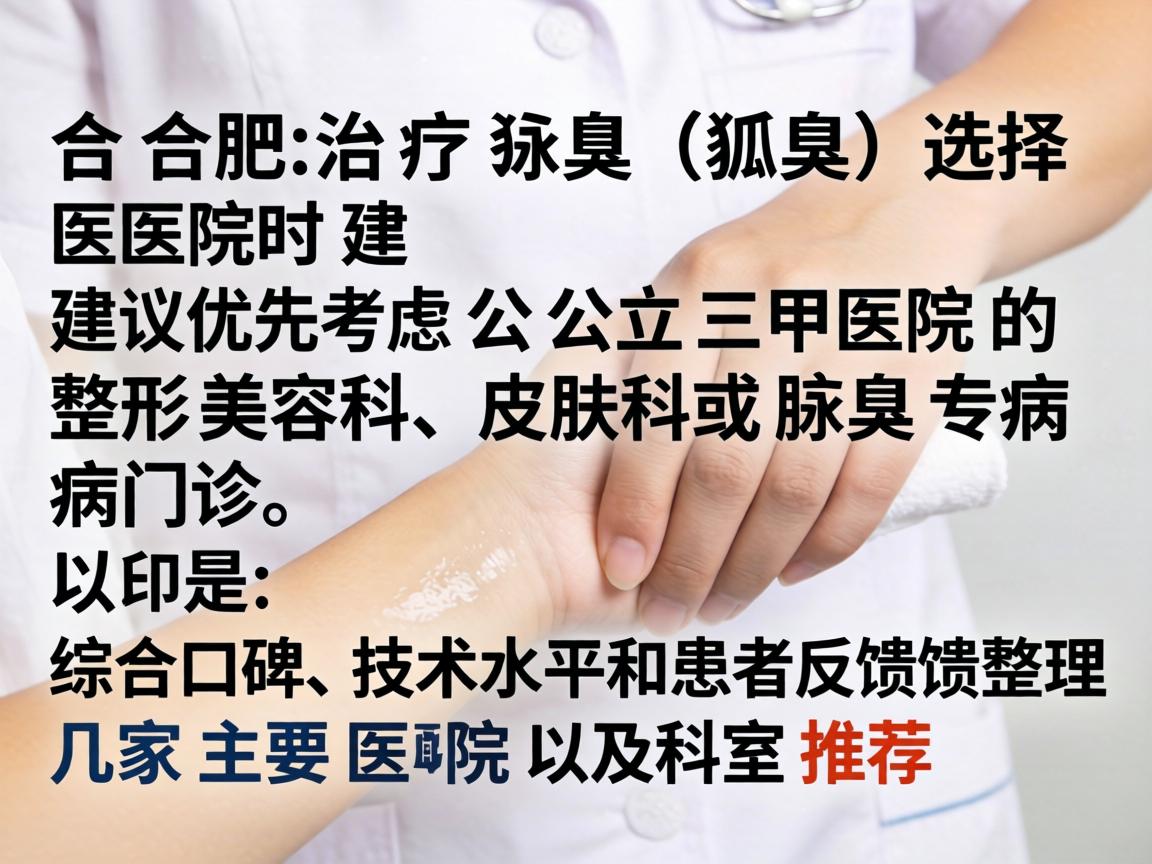 在合肥治疗狐臭（腋臭）选择医院时建议优先考虑公立三甲医院的整形美容科、皮肤科或腋臭专病门诊。以下是综合口碑、技术水平和患者反馈整理的几家主要医院及科室推荐