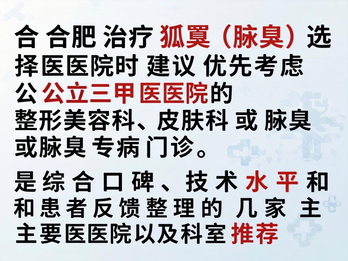 在合肥治疗狐臭（腋臭）选择医院时建议优先考虑公立三甲医院的整形美容科、皮肤科或腋臭专病门诊。以下是综合口碑、技术水平和患者反馈整理的几家主要医院及科室推荐