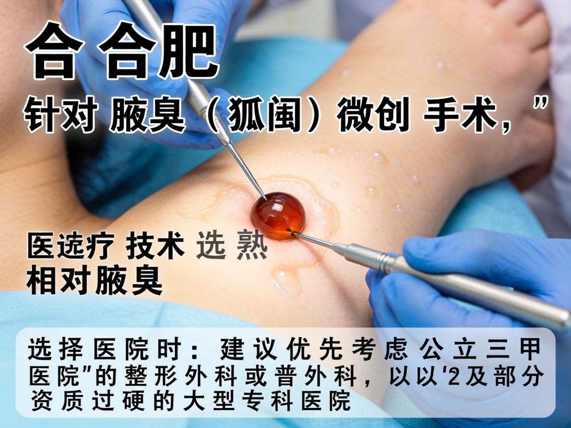 在合肥,针对腋臭(狐臭)的微创手术,医疗技术相对成熟。选择医院时,建议优先考虑公立三甲医院的整形外科或普外科,以及部分资质过硬的大型专科医院 在合肥,针对腋臭(狐臭)的微创手术,医疗技术相对成熟。选择医院时,建议优先考虑公立三甲医院的整形外科或普外科,以及部分资质过硬的大型专科医院