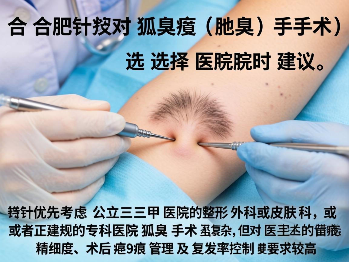 在合肥，针对狐臭（腋臭）手术，选择医院时建议优先考虑公立三甲医院的整形外科或皮肤科，或者正规的专科医院。狐臭手术虽不复杂，但对医生的精细度、术后疤痕管理及复发率控制要求较高
