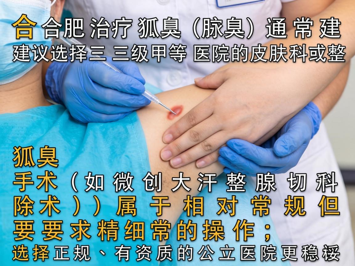 在合肥，治疗狐臭（腋臭）通常建议选择三级甲等医院的皮肤科或整形外科。狐臭手术（如微创大汗腺切除术）属于相对常规但要求精细的操作，选择正规、有资质的公立医院更稳妥