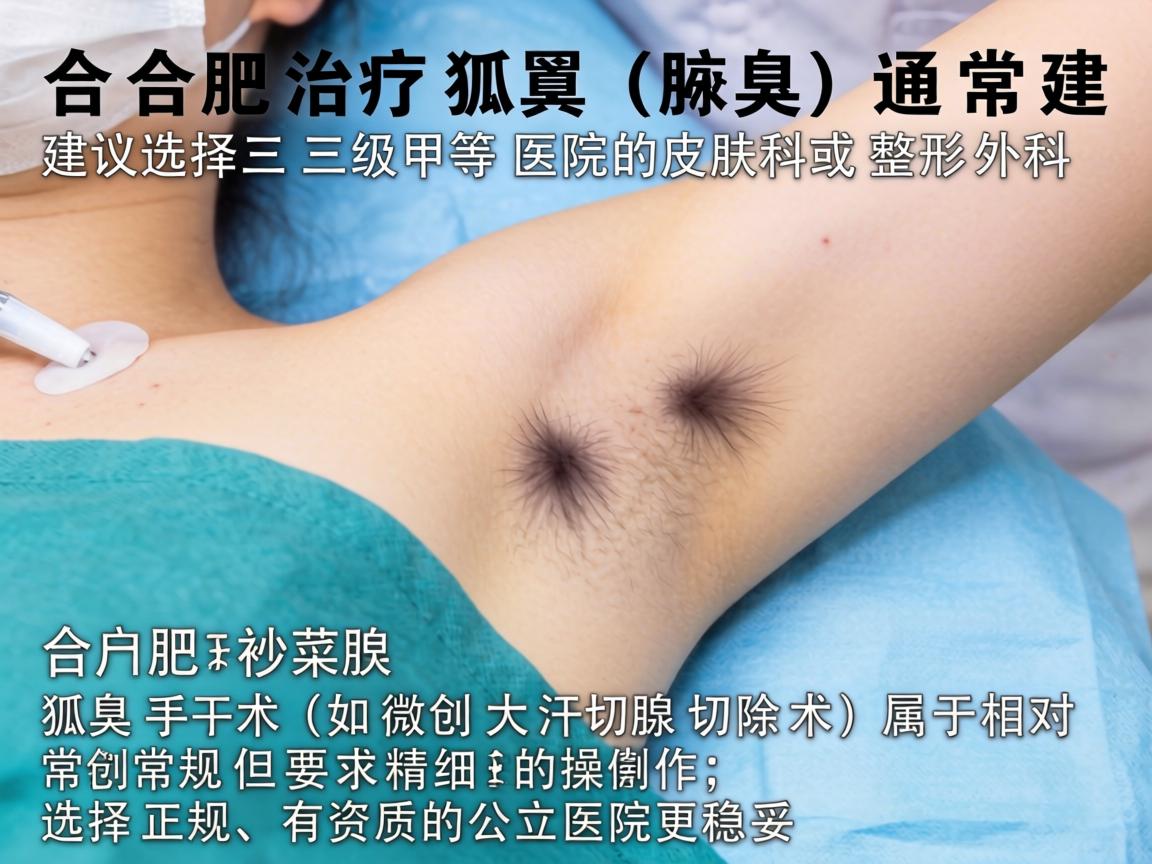 在合肥，治疗狐臭（腋臭）通常建议选择三级甲等医院的皮肤科或整形外科。狐臭手术（如微创大汗腺切除术）属于相对常规但要求精细的操作，选择正规、有资质的公立医院更稳妥