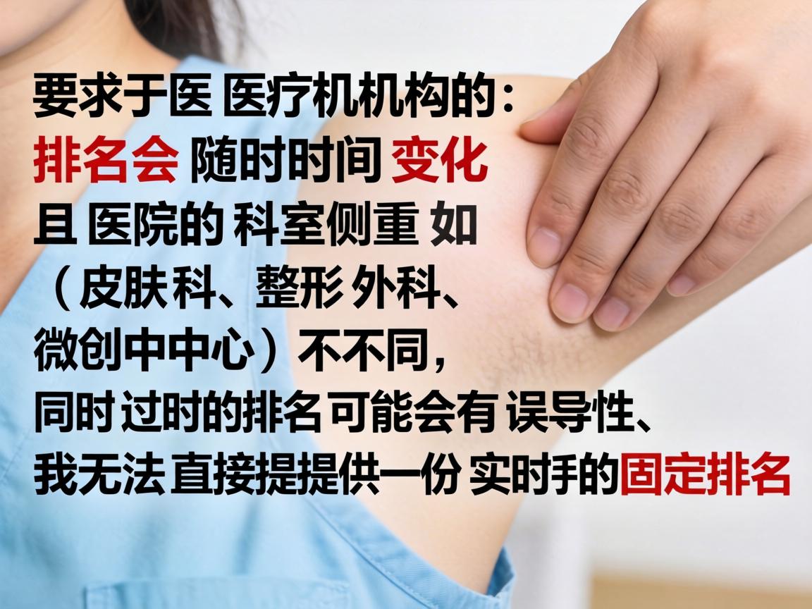 由于医疗机构的排名会随时间变化,且医院的科室侧重(如皮肤科、整形外科、微创中心)不同,同时过时的排名可能会有误导性,我无法直接提供一份实时的固定排名 由于医疗机构的排名会随时间变化,且医院的科室侧重(如皮肤科、整形外科、微创中心)不同,同时过时的排名可能会有误导性,我无法直接提供一份实时的固定排名