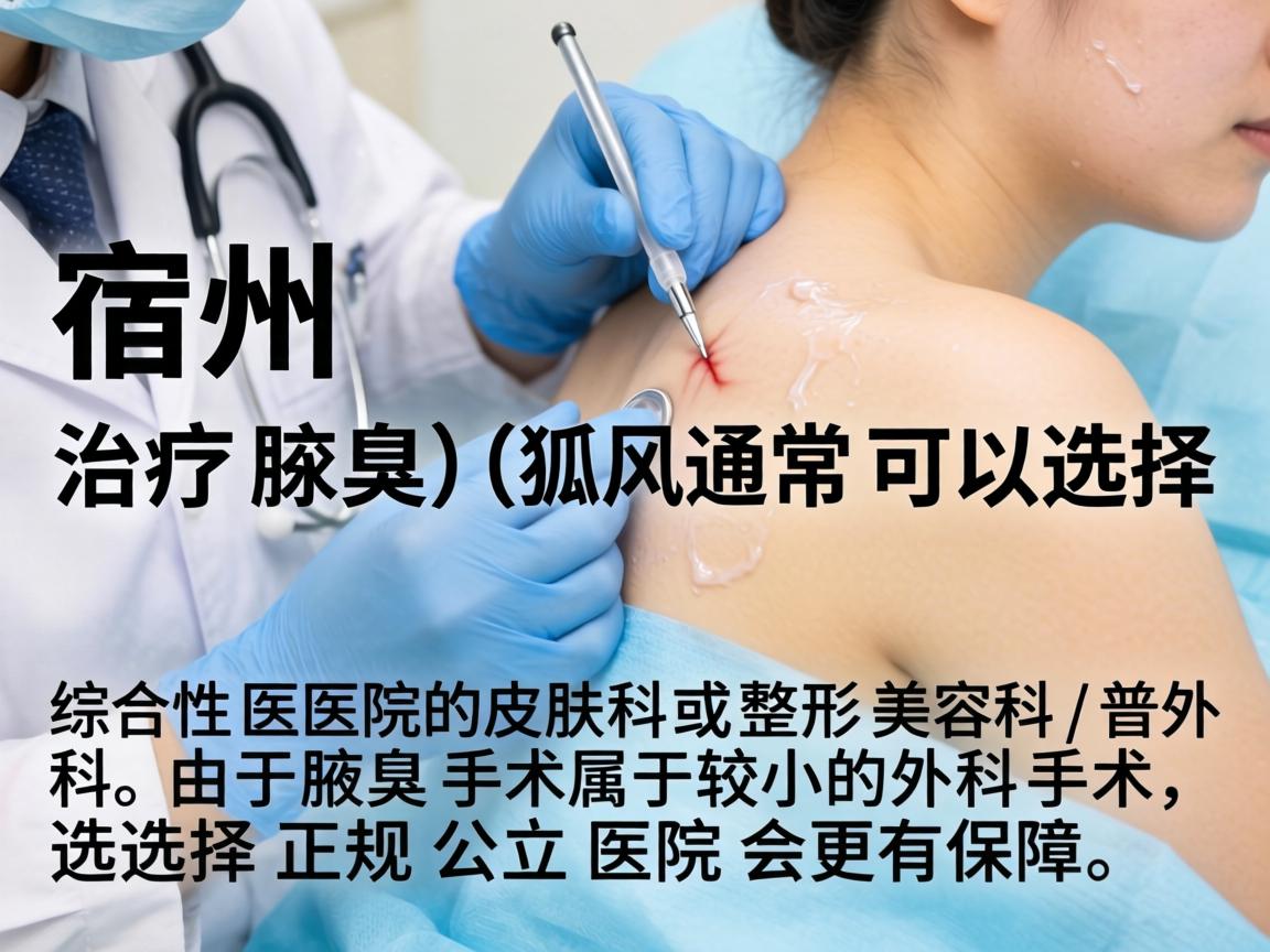 在宿州,治疗腋臭(狐臭)通常可以选择综合性医院的皮肤科或整形美容科/普外科。由于腋臭手术属于较小的外科手术,选择正规公立医院会更有保障 在宿州,治疗腋臭(狐臭)通常可以选择综合性医院的皮肤科或整形美容科/普外科。由于腋臭手术属于较小的外科手术,选择正规公立医院会更有保障