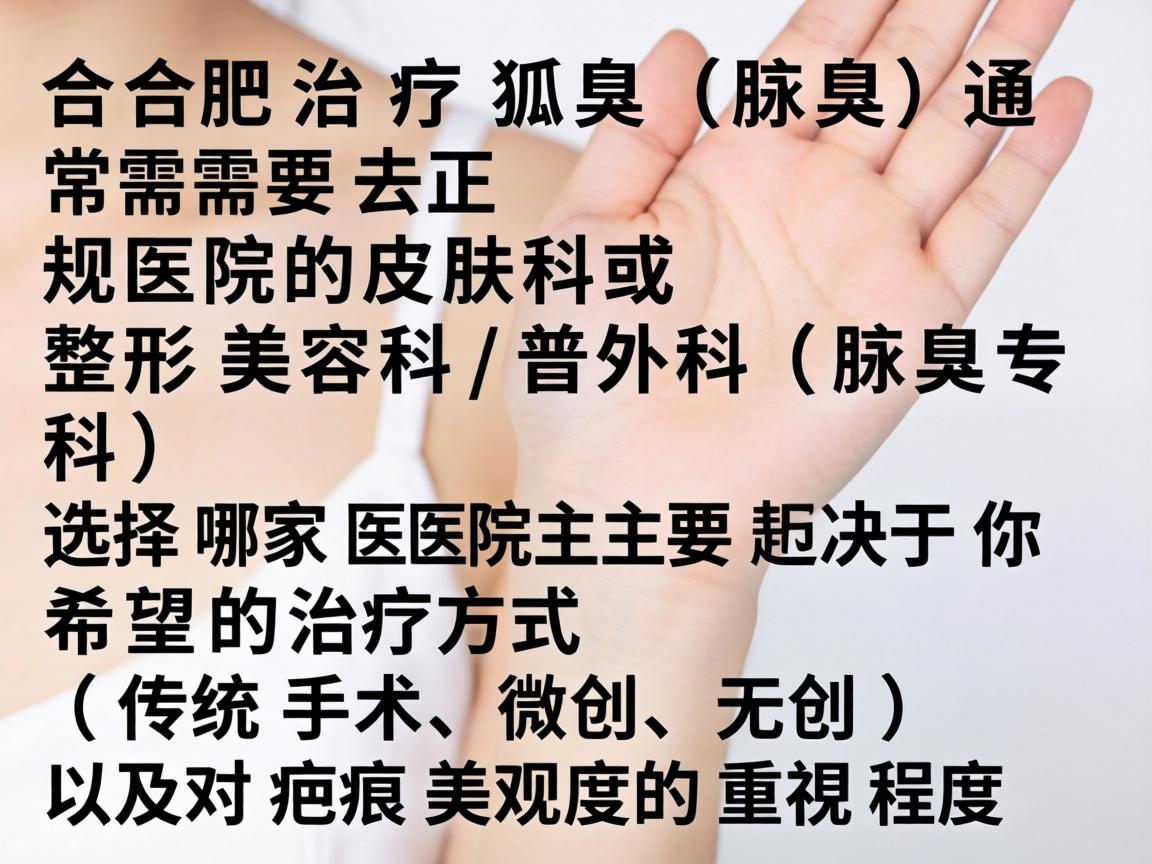 在合肥治疗狐臭(腋臭)通常需要去正规医院的皮肤科或整形美容科/普外科(腋臭专科)选择哪家医院主要取决于你希望的治疗方式(传统手术、微创、无创)以及对疤痕美观度的重视程度 在合肥治疗狐臭(腋臭)通常需要去正规医院的皮肤科或整形美容科/普外科(腋臭专科)选择哪家医院主要取决于你希望的治疗方式(传统手术、微创、无创)以及对疤痕美观度的重视程度