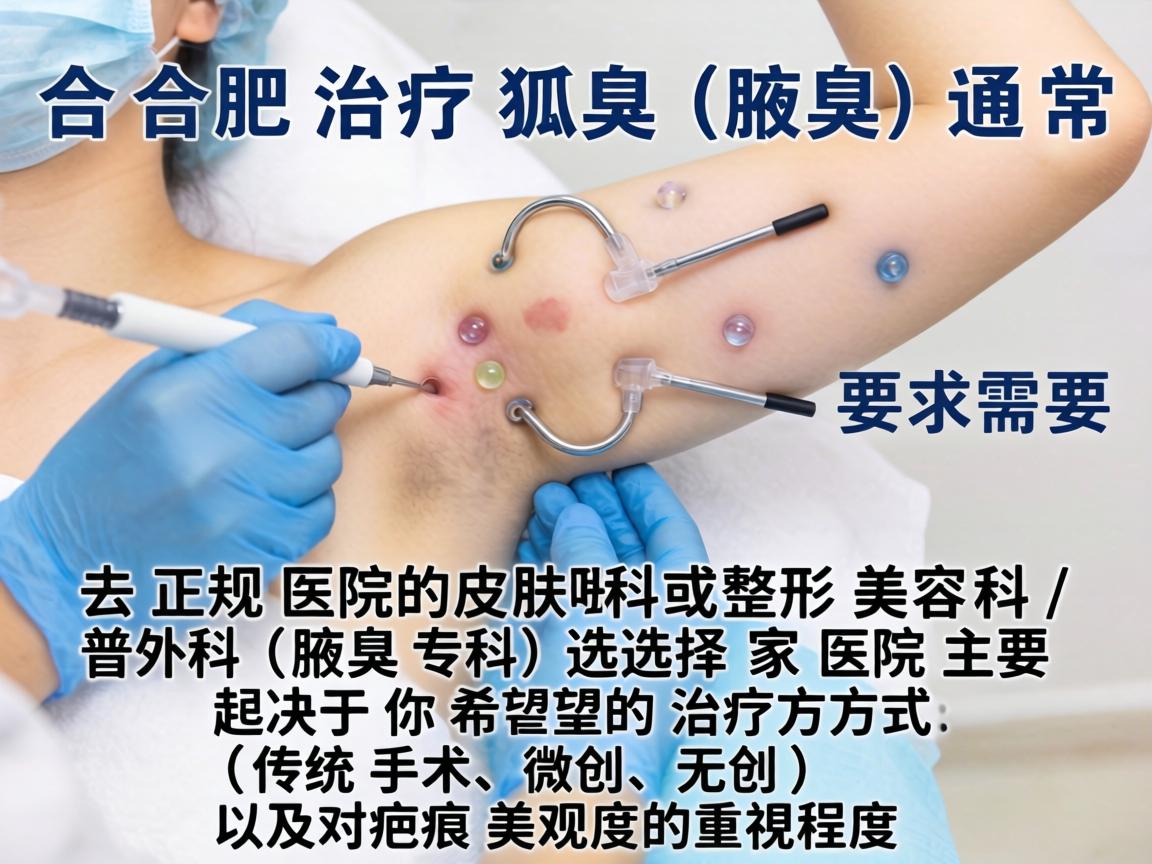 在合肥治疗狐臭(腋臭)通常需要去正规医院的皮肤科或整形美容科/普外科(腋臭专科)选择哪家医院主要取决于你希望的治疗方式(传统手术、微创、无创)以及对疤痕美观度的重视程度 在合肥治疗狐臭(腋臭)通常需要去正规医院的皮肤科或整形美容科/普外科(腋臭专科)选择哪家医院主要取决于你希望的治疗方式(传统手术、微创、无创)以及对疤痕美观度的重视程度