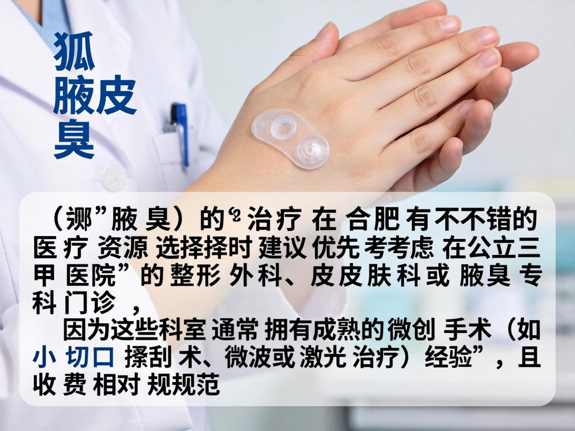狐臭（腋臭）的治疗在合肥有不错的医疗资源，选择时建议优先考虑公立三甲医院的整形外科、皮肤科或腋臭专科门诊，因为这些科室通常拥有成熟的微创手术（如小切口搔刮术、微波或激光治疗）经验，且收费相对规范