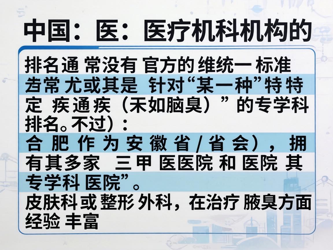 在中国，医疗机构的排名通常没有官方的统一标准，尤其是针对某一种特定疾病（如腋臭）的专科排名。不过，合肥作为安徽省的省会，拥有多家三甲医院和专科医院，其皮肤科或整形外科在治疗腋臭方面经验丰富