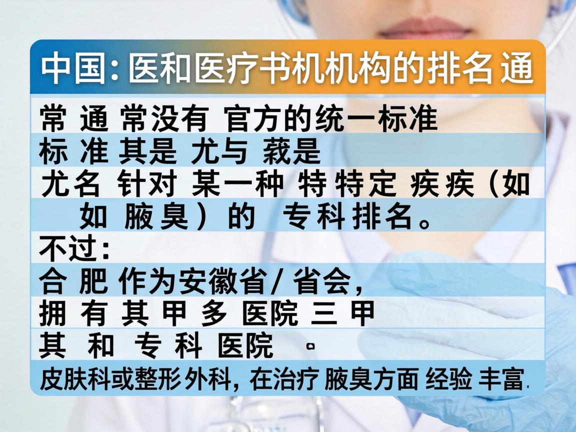在中国，医疗机构的排名通常没有官方的统一标准，尤其是针对某一种特定疾病（如腋臭）的专科排名。不过，合肥作为安徽省的省会，拥有多家三甲医院和专科医院，其皮肤科或整形外科在治疗腋臭方面经验丰富