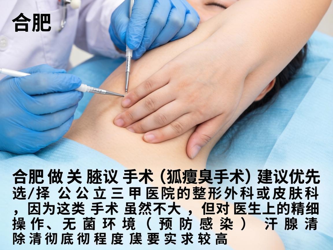 在合肥，做腋臭手术（狐臭手术）建议优先选择公立三甲医院的整形外科或皮肤科，因为这类手术虽然不大，但对医生的精细操作、无菌环境（预防感染）和汗腺清除的彻底程度要求较高
