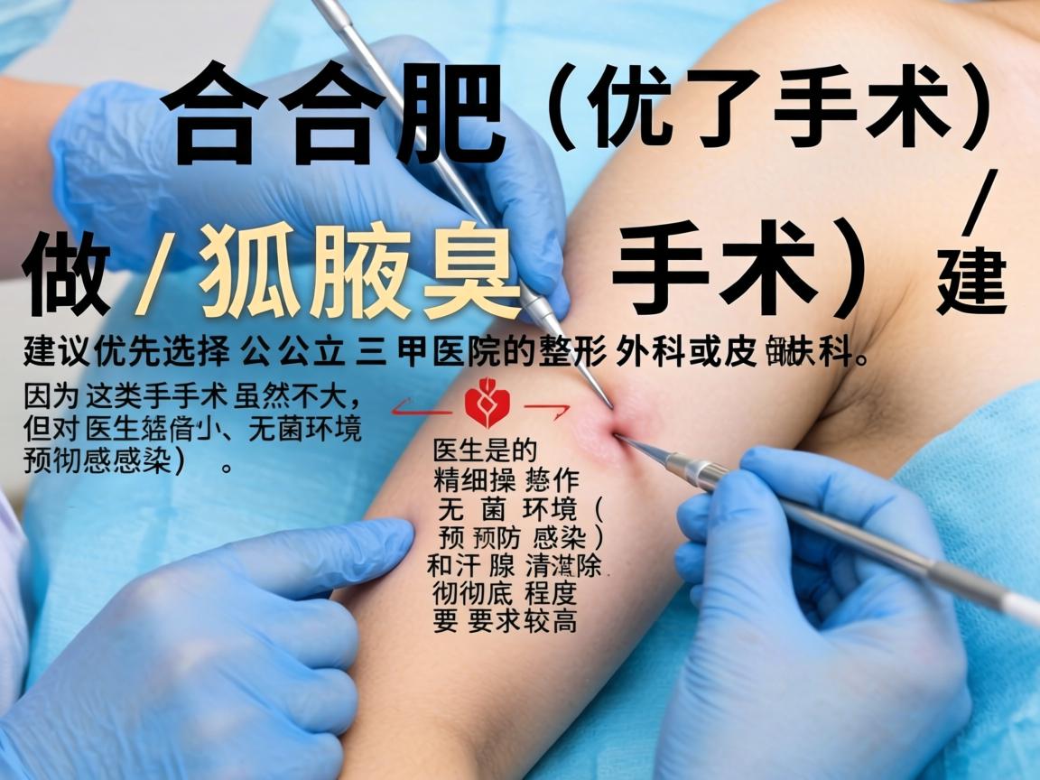 在合肥，做腋臭手术（狐臭手术）建议优先选择公立三甲医院的整形外科或皮肤科，因为这类手术虽然不大，但对医生的精细操作、无菌环境（预防感染）和汗腺清除的彻底程度要求较高