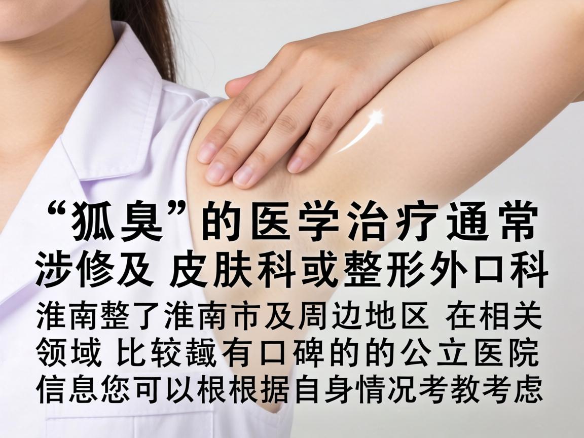 狐臭的医学治疗通常涉及皮肤科或整形外科。我为您整理了淮南市及周边地区在相关领域比较有口碑的公立医院信息，您可以根据自身情况考虑