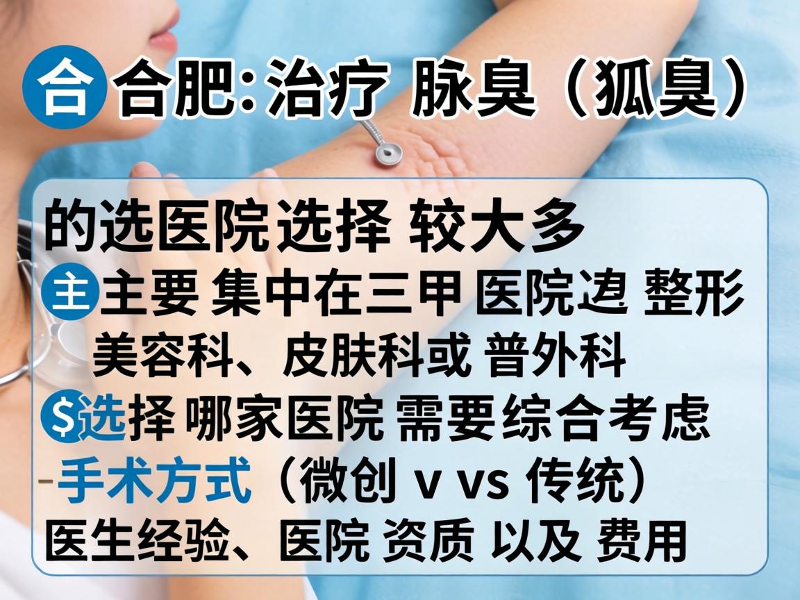 在合肥，治疗腋臭（狐臭）的医院选择较多，主要集中在三甲医院的整形美容科、皮肤科或普外科。选择哪家医院需要综合考虑手术方式（微创 vs 传统）医生经验、医院资质以及费用