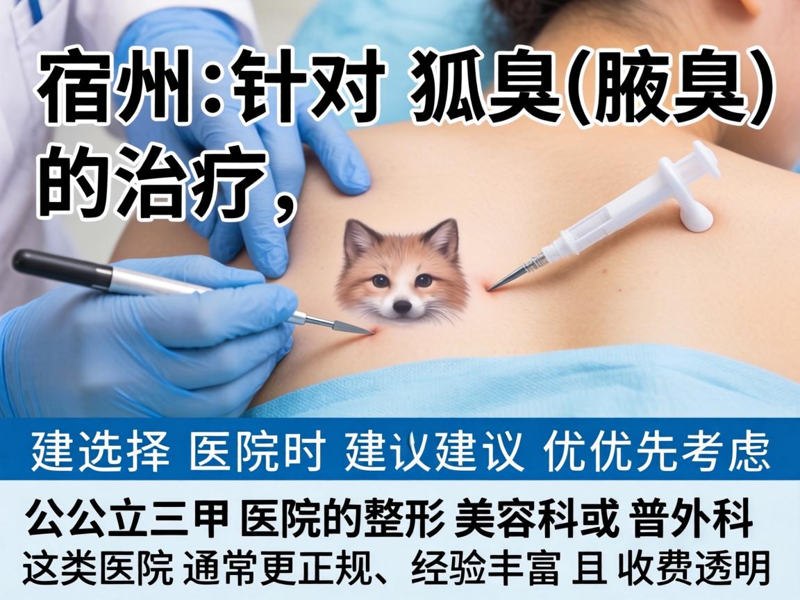 在宿州，针对狐臭（腋臭）的治疗，选择医院时建议优先考虑公立三甲医院的整形美容科或普外科。这类医院通常更正规、经验丰富且收费透明