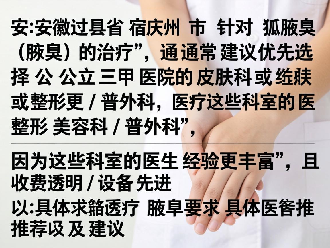 在安徽省宿州市，针对狐臭（腋臭）的治疗，通常建议优先选择公立三甲医院的皮肤科或整形美容科/普外科，因为这些科室的医生经验更丰富，且收费透明、设备先进。以下是具体推荐及建议