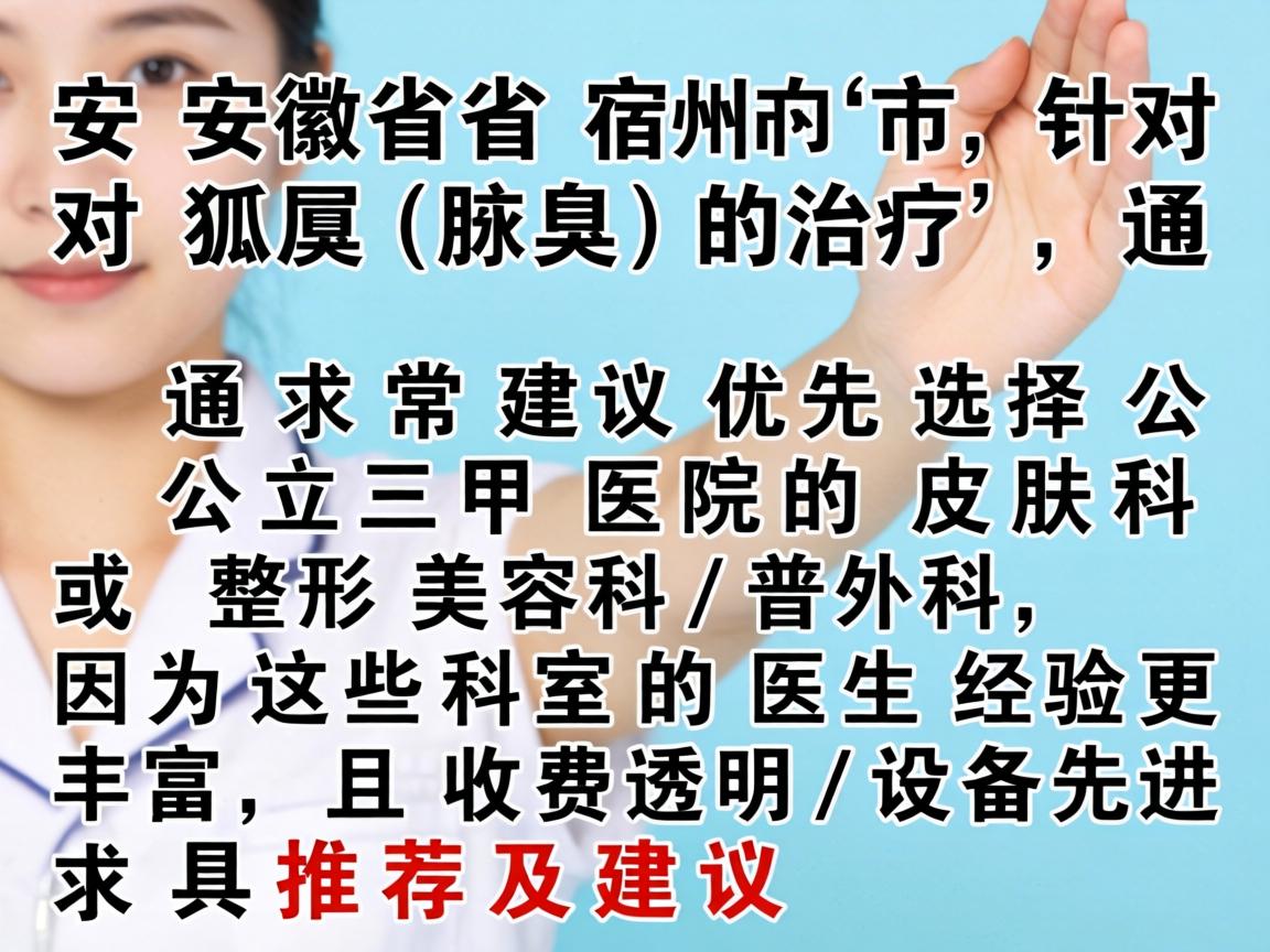 在安徽省宿州市，针对狐臭（腋臭）的治疗，通常建议优先选择公立三甲医院的皮肤科或整形美容科/普外科，因为这些科室的医生经验更丰富，且收费透明、设备先进。以下是具体推荐及建议