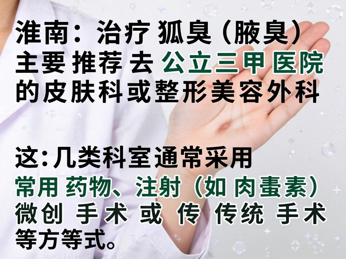 在淮南，治疗狐臭（腋臭）主要推荐去公立三甲医院的皮肤科或整形美容外科。这几类科室通常采用药物、注射（如肉毒素）微创手术或传统手术等方式
