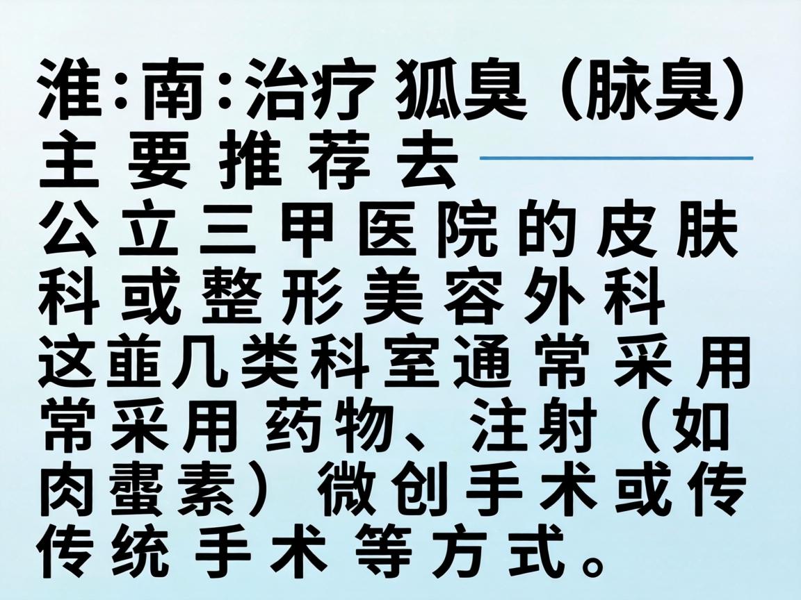 在淮南，治疗狐臭（腋臭）主要推荐去公立三甲医院的皮肤科或整形美容外科。这几类科室通常采用药物、注射（如肉毒素）微创手术或传统手术等方式