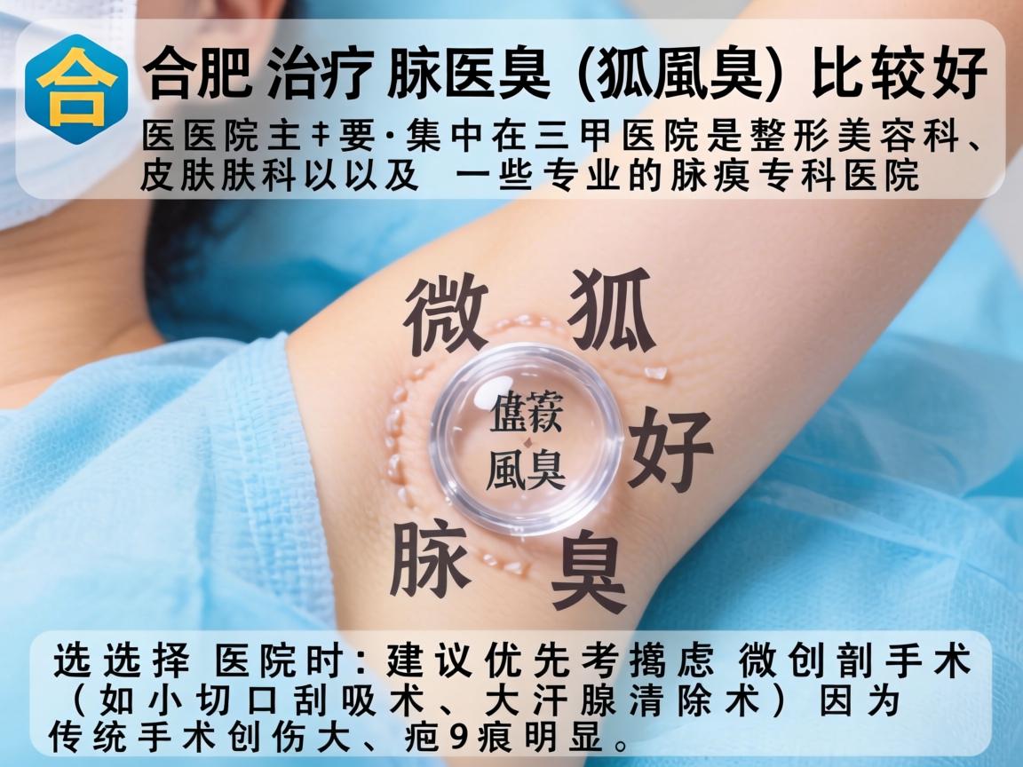 在合肥,治疗腋臭(狐臭)比较好的医院主要集中在三甲医院的整形美容科、皮肤科以及一些专业的腋臭专科医院。选择医院时,建议优先考虑微创手术(如小切口刮吸术、大汗腺清除术)因为传统手术创伤大、疤痕明显 在合肥,治疗腋臭(狐臭)比较好的医院主要集中在三甲医院的整形美容科、皮肤科以及一些专业的腋臭专科医院。选择医院时,建议优先考虑微创手术(如小切口刮吸术、大汗腺清除术)因为传统手术创伤大、疤痕明显