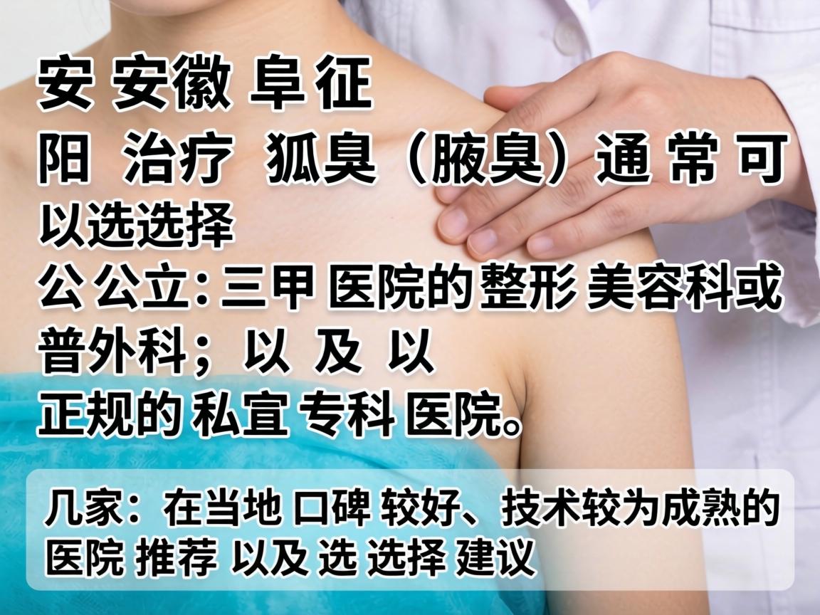 在安徽阜阳，治疗狐臭（腋臭）通常可以选择公立三甲医院的整形美容科或普外科，以及正规的私立专科医院。以下是几家在当地口碑较好、技术较为成熟的医院推荐及选择建议