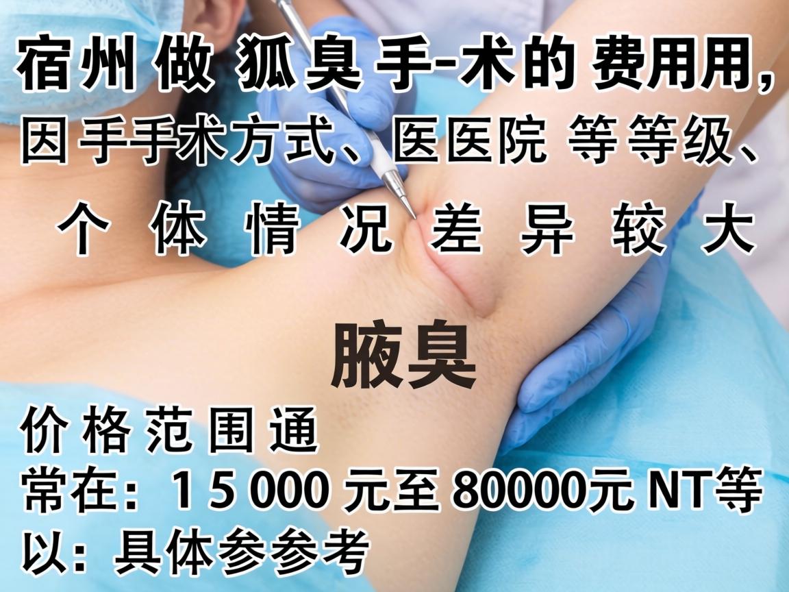 在宿州做狐臭手术的费用,因手术方式、医院等级和个体情况差异较大,价格范围通常在1500元至8000元不等。以下是具体参考 在宿州做狐臭手术的费用,因手术方式、医院等级和个体情况差异较大,价格范围通常在1500元至8000元不等。以下是具体参考