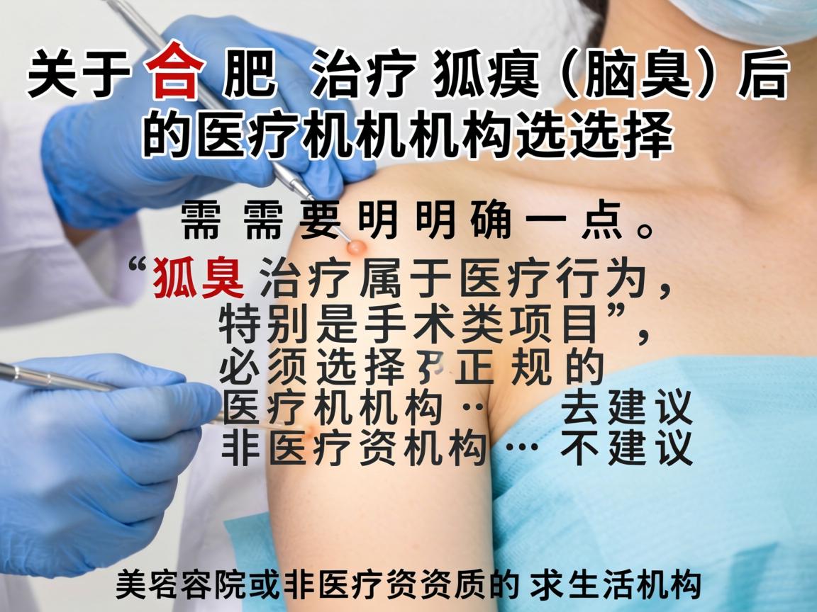 关于合肥治疗狐臭(腋臭)的医疗机构选择,需要明确一点,狐臭治疗属于医疗行为,特别是手术类项目,必须选择正规的医疗机构,不建议去美容院或非医疗资质的生活机构 关于合肥治疗狐臭(腋臭)的医疗机构选择,需要明确一点,狐臭治疗属于医疗行为,特别是手术类项目,必须选择正规的医疗机构,不建议去美容院或非医疗资质的生活机构
