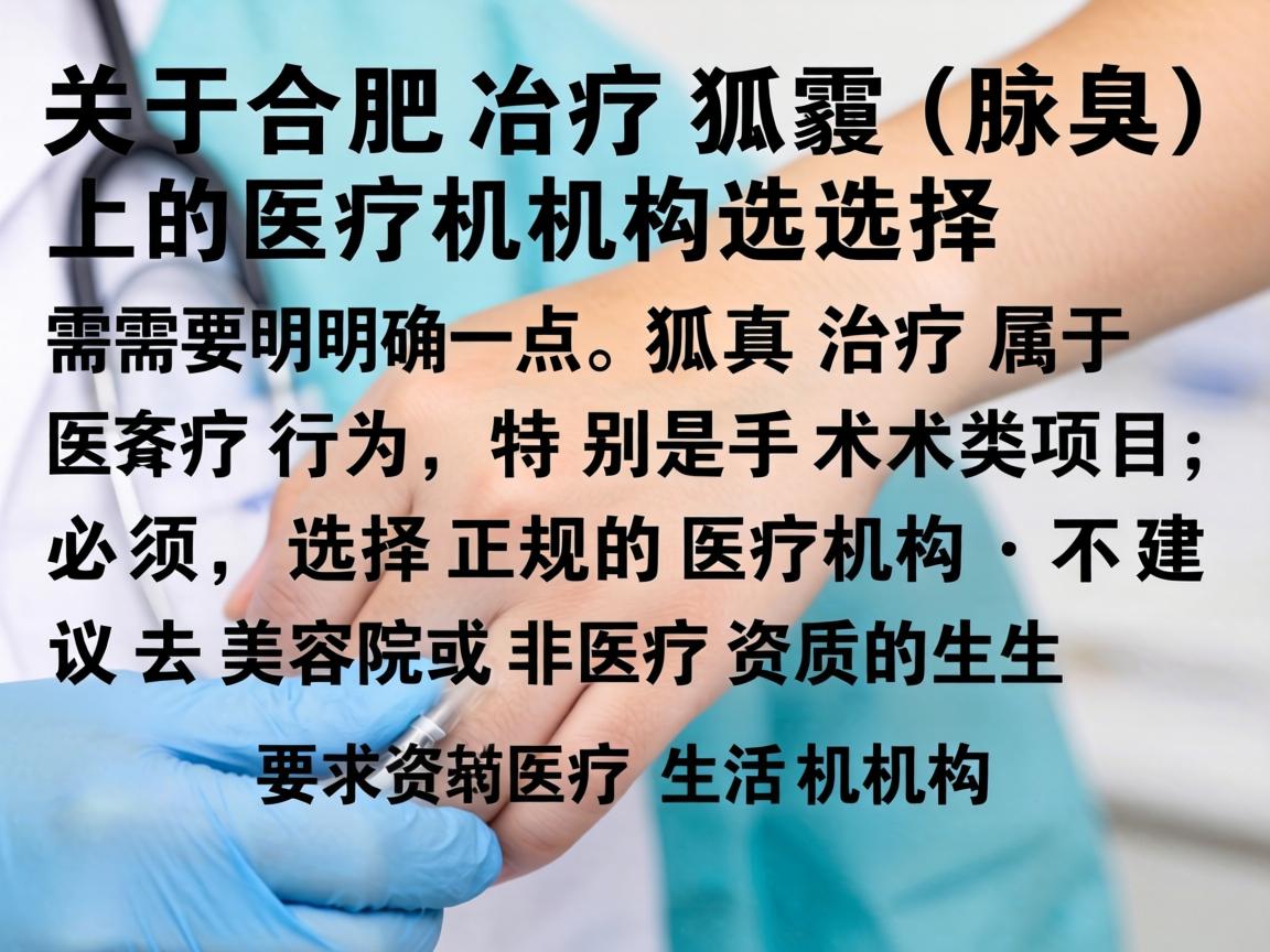 关于合肥治疗狐臭(腋臭)的医疗机构选择,需要明确一点,狐臭治疗属于医疗行为,特别是手术类项目,必须选择正规的医疗机构,不建议去美容院或非医疗资质的生活机构 关于合肥治疗狐臭(腋臭)的医疗机构选择,需要明确一点,狐臭治疗属于医疗行为,特别是手术类项目,必须选择正规的医疗机构,不建议去美容院或非医疗资质的生活机构