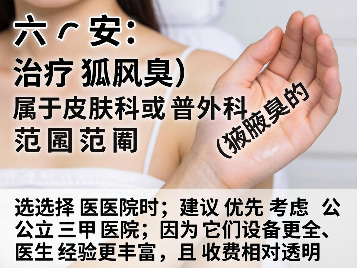 在六安，治疗腋臭（狐臭）属于皮肤科或普外科的范畴。选择医院时，建议优先考虑公立三甲医院，因为它们设备更全、医生经验更丰富，且收费相对透明
